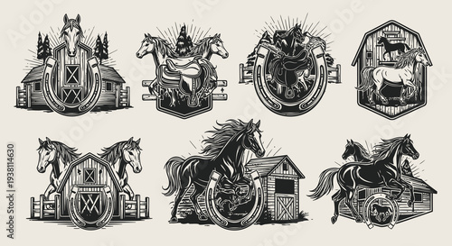Vintage Horse Barn and Horseshoe Emblem Set Black and White Line Art