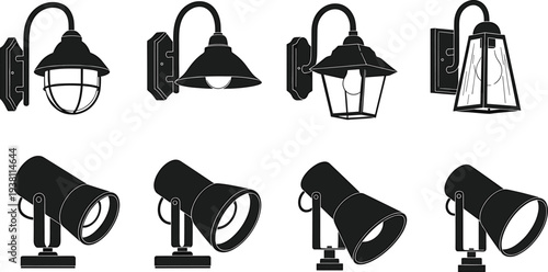 Outdoor Wall Lantern And Spotlights Collection, Exterior Lighting Fixtures Silhouette Icon Set, vector illustration