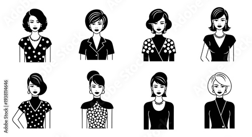 Black and White Vector Illustrations of Elegant Women Hairstyles and Fashion