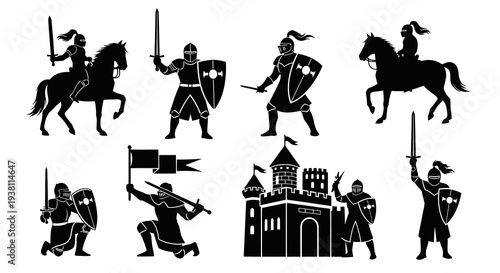 Medieval Knights Silhouettes Set Black and White Vector Art