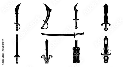 Black and White Sword Icons, Weapon Symbols, Vector Graphics