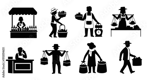 Black and White Market Stall and Vendors Icon Set