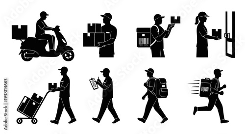 Delivery service icons: courier on scooter, man with boxes, man with cart