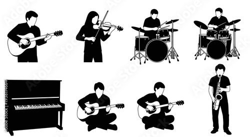 Black and White Silhouettes of Musicians Playing Instruments