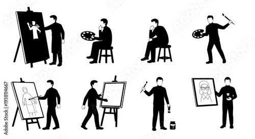 Black  White Illustration of Artists Painting and Holding Artwork
