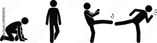 Self Defense And Assault Silhouette Icons Set, Fighting And Violence Action Pictogram Collection, vector illustration
