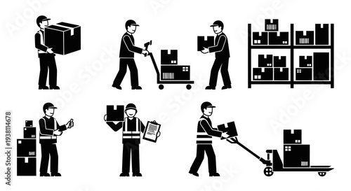 Warehouse worker icons: delivery, packing, loading, shipping, logistics