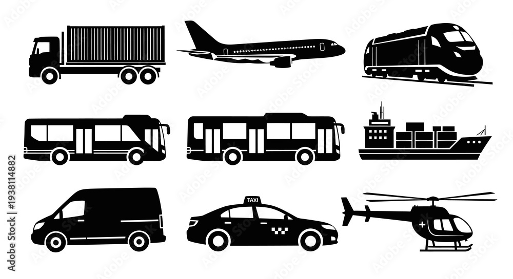 Obraz premium Black and white vector icons of transportation vehicles