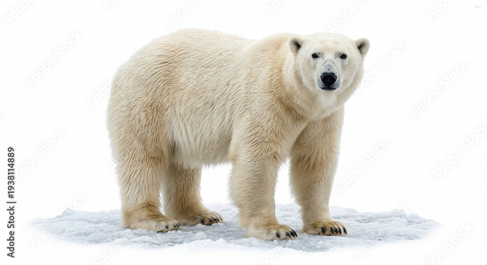 Fototapeta premium Photorealistic polar bear standing on a piece of ice isolated on pure white background, endangered wildlife