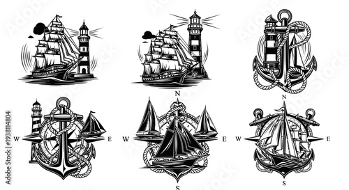 Nautical Tattoo Set: Ships, Lighthouses, Anchors, Compass - BW Line Art