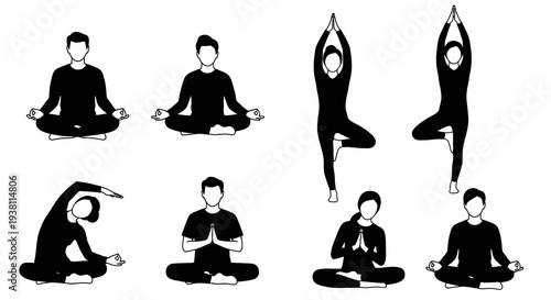 Black  White Yoga Poses - Meditation, Tree Pose, Stretching