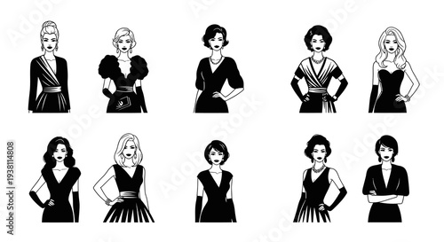Black and White Line Art of Women in Fashionable Dresses
