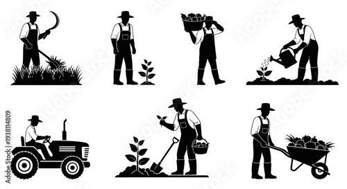 Farmer Icon Set Silhouette Vector - Agriculture and Farming Activities