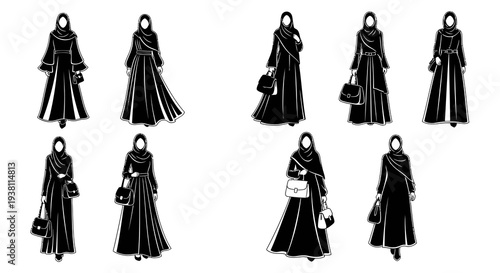 Black  White Islamic Fashion: Women in Abayas and Hijabs
