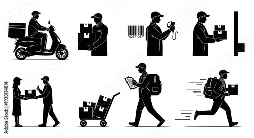 Black and White Delivery Service Icons: Courier, Scooter, Packages, Cart, Scanner