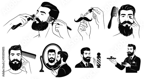 Black  White Line Art of Man Grooming Beard and Mustache