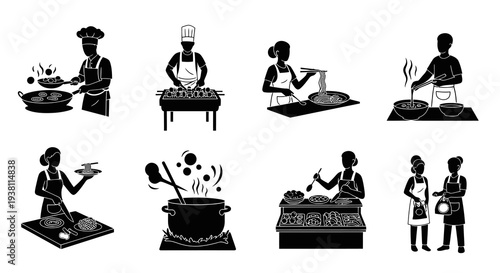 Black  White Glyph Icons of Chefs Cooking and Serving Food