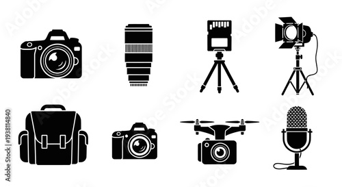 Photography and Videography Equipment Icons Black and White Glyph