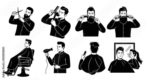 Barber Man Haircut Grooming Scissors Dryer Beard Styling Black White Art
