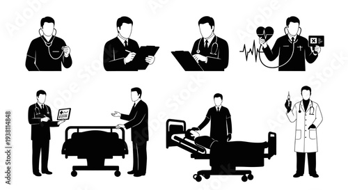 Medical Icons: Doctors, Patients, Hospital Bed, Stethoscope, Syringe Glyph