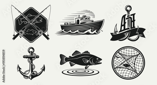 Vintage Fishing Icons: Boat, Anchor, Fish, Rods, Net, Hook - Black and White