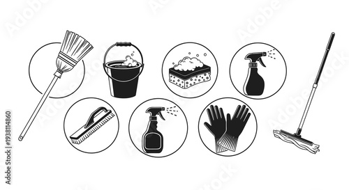 Black and White Line Art of Cleaning Supplies Icon Set