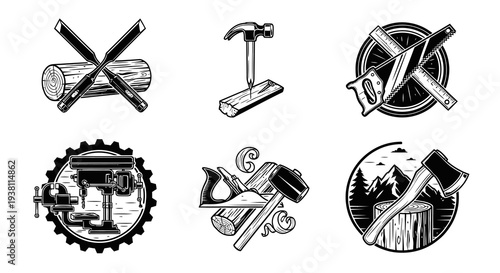 Black and White Line Art Woodworking Tools Icons Set Vector