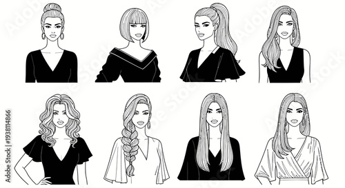 Black and White Line Art of 8 Diverse Female Hairstyles and Fashion
