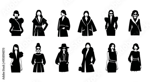 Black  White Fashionable Women Silhouettes, Stylish Clothing, Vector Art