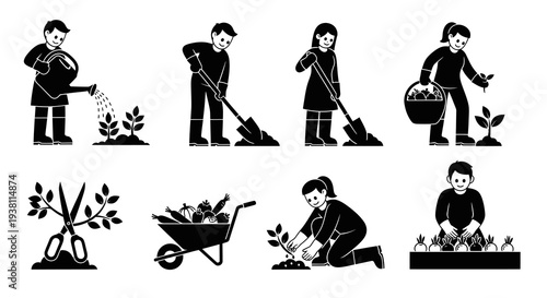 Black  White Glyph Icons of People Gardening and Farming