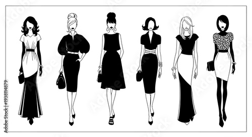 Fashion Black and White Line Art - Six Stylish Women in Dresses