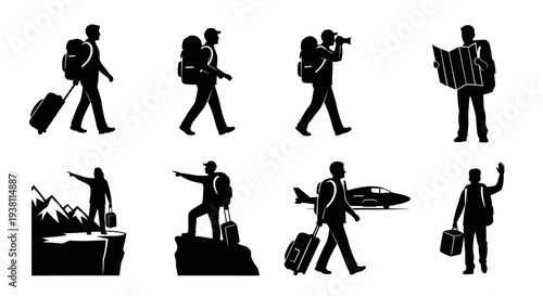 Travel Icons: Tourists with Backpacks, Luggage, Map, Camera, Airplane  More