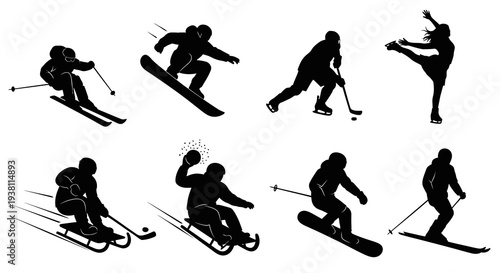 Black Silhouette Winter Sports Icons Set - Skiing, Snowboarding, Hockey, Skating