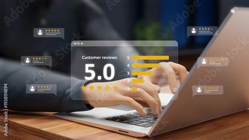 Customer Review, Satisfaction Feedback, Quality Service, Excellent User Experience, Digital Reputation Concept. Customers give 5-star Reviews on Laptop Virtual Screen. 3D Video