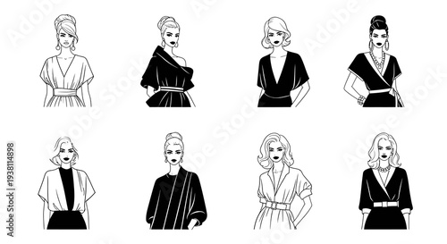 Black and White Line Art Fashion Illustration of Women