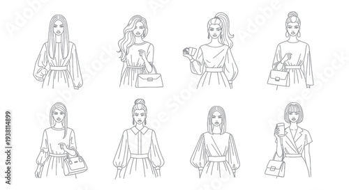 Fashionable Women Line Art Illustration - Style Icons With Bags