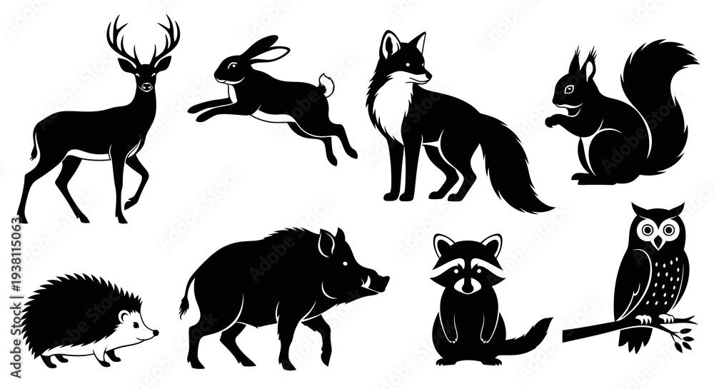 Fototapeta premium Black and White Forest Animals Vector Icons - Deer, Fox, Owl, Rabbit