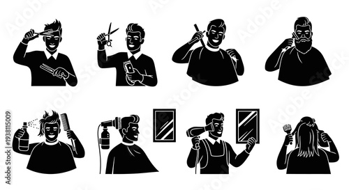 Black  White Glyph Icons of Barbers Cutting Hair and Styling Beards