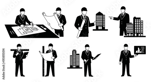 Black and White Architects Icons: Construction, Blueprints, Buildings, Design