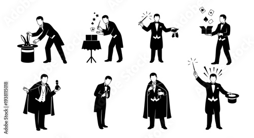 Black and White Magician Performing Tricks with Wand and Hat Icon Set