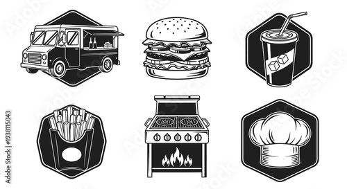 Black and White Food Icons: Burger, Fries, Drink, Food Truck, Grill, Chef Hat