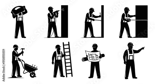 Construction worker icons, black and white vector glyphs of builders at work
