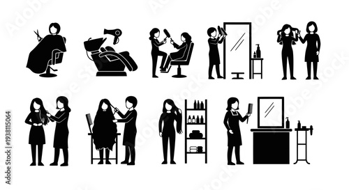 Hairdresser Icons, Salon  Beauty Care, Black and White Glyph