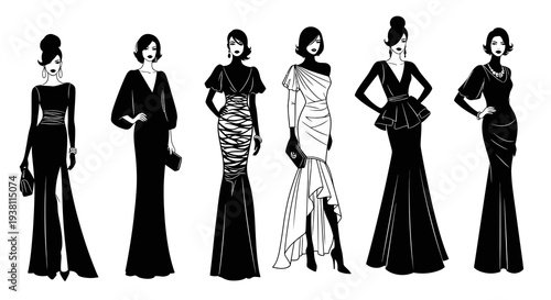 Fashionable Women in Elegant Evening Gowns Black and White Line Art