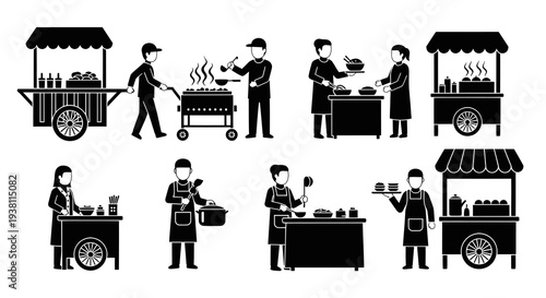 Food Street Vendors and Carts Black and White Glyph Icons