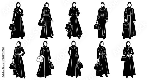 Black  White Fashion Illustration of Women in Hijabs and Abayas