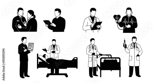 Medical Glyph Icons: Doctors Examining Patient, ECG, Stethoscope, Syringe