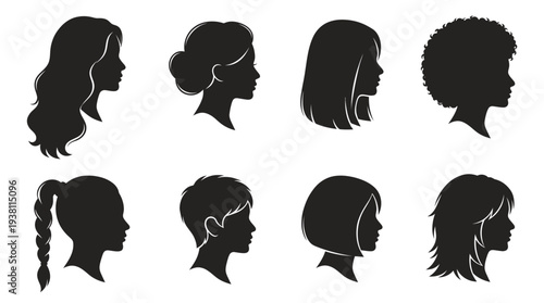 Black Silhouette Hairstyles Women Diverse Styles Female Portraits Vector