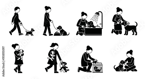 Black and White Icons of People Caring for Dogs, Pet Grooming, Walking
