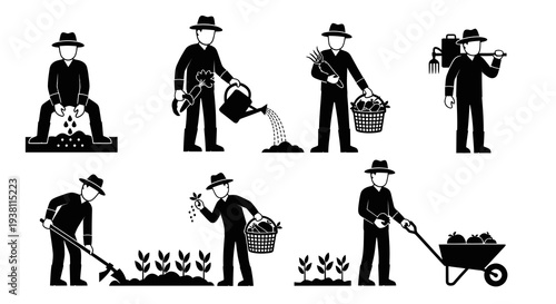 Farming icons black and white, agriculture symbols, healthy food